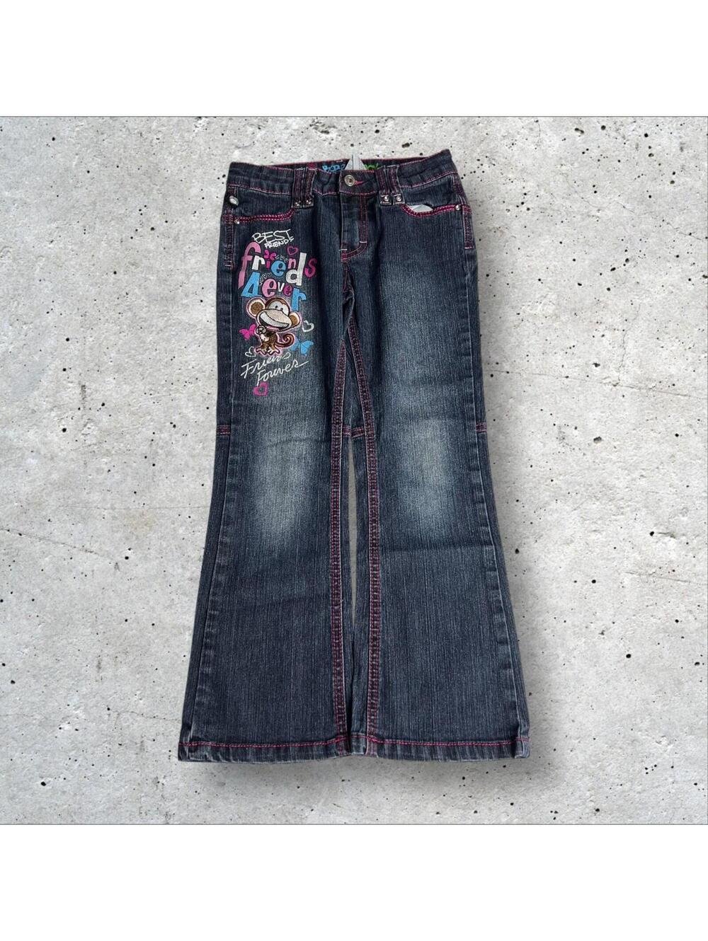 Bobby Jack Girls' Denim Jeans Pink Colorful Embroidered Monkey Graphic Size 6
